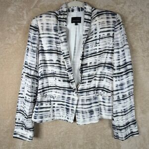 Judith & Charles Women Size 8 Blue Gray Black Abstract Stripe Viscose Blazer